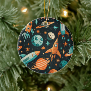 Vintage Spacecraft Rocket Ships Pattern -Cosmos(2) Ceramic Ornament