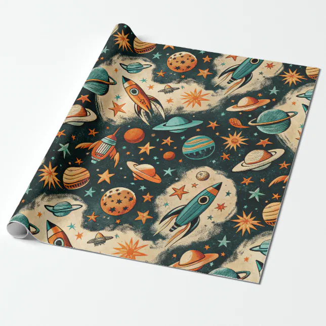 Smoochy Rocketship Vintage Spacecraft Rocket Ships Pattern -Cosmos(6) Wrapping Paper | Zazzle