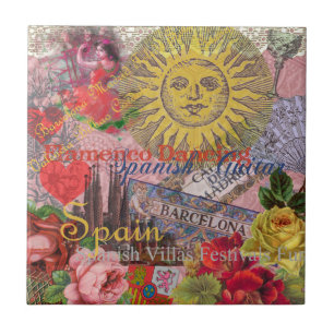 Vintage Spain Sunshine Travel Collage Retro Europe Ceramic Tile