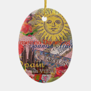 Vintage Spain Sunshine Travel Collage Retro Europe Ceramic Tree Decoration