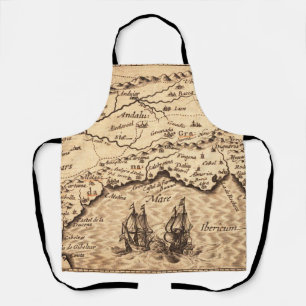 Vintage Spanish Coast Map with Sailing Galleons Apron