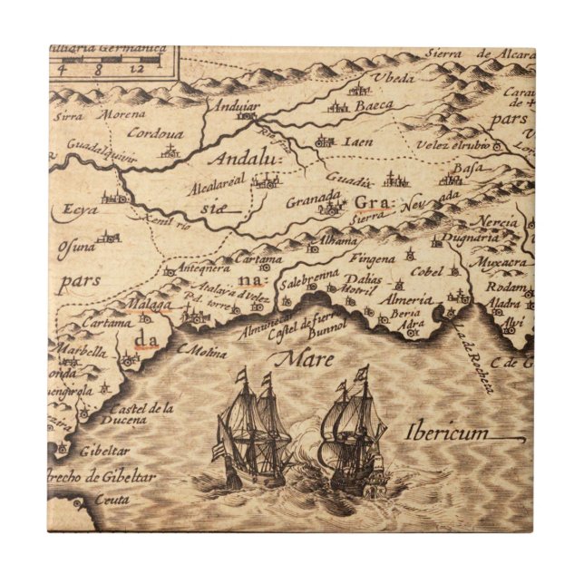 Vintage Spanish Coast Map with Sailing Galleons Ceramic Tile (Front)