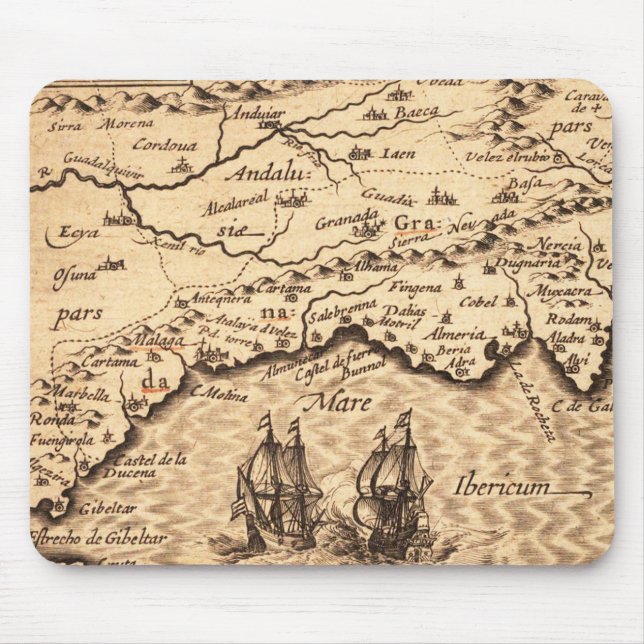 Vintage Spanish Coast Map with Sailing Galleons Mouse Pad (Front)