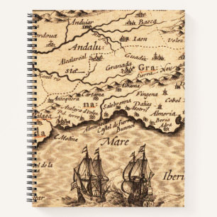 Vintage Spanish Coast Map with Sailing Galleons Notebook