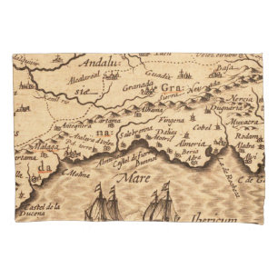 Vintage Spanish Coast Map with Sailing Galleons Pillowcase