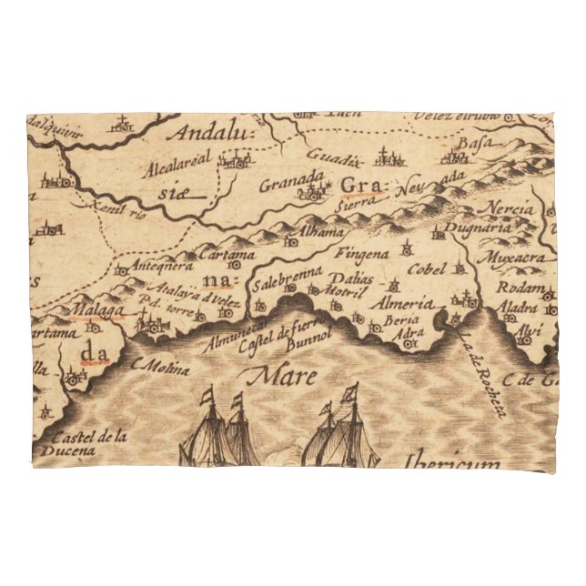 Vintage Spanish Coast Map with Sailing Galleons Pillowcase (Front-Left)