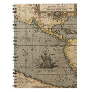 Vintage Spanish Galleon on an Old Pacific Map Notebook