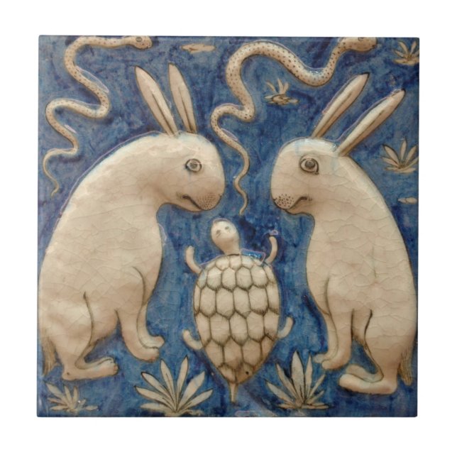 Vintage Spanish Tile Animal Rabbit Tortoise Blue (Front)