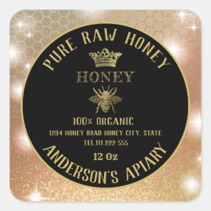 Vintage sparkle gold bee crown honeycomb honey jar square sticker