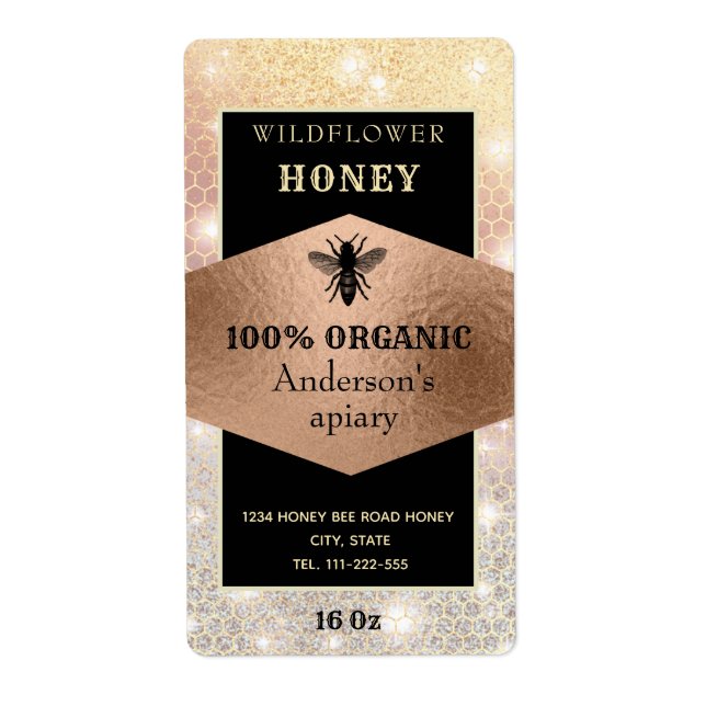 Vintage sparkle rose gold bee logo honey jar (Front)