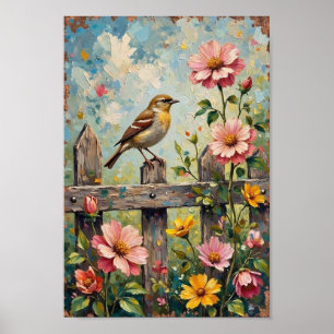 Vintage Sparrow Garden Rustic Art Poster