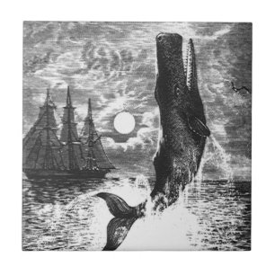 Vintage Sperm Whale Breaching, Marine Life Animals Ceramic Tile