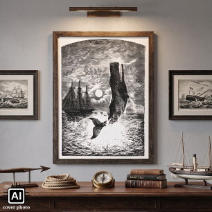 Vintage Sperm Whale Breaching, Marine Life Animals Poster