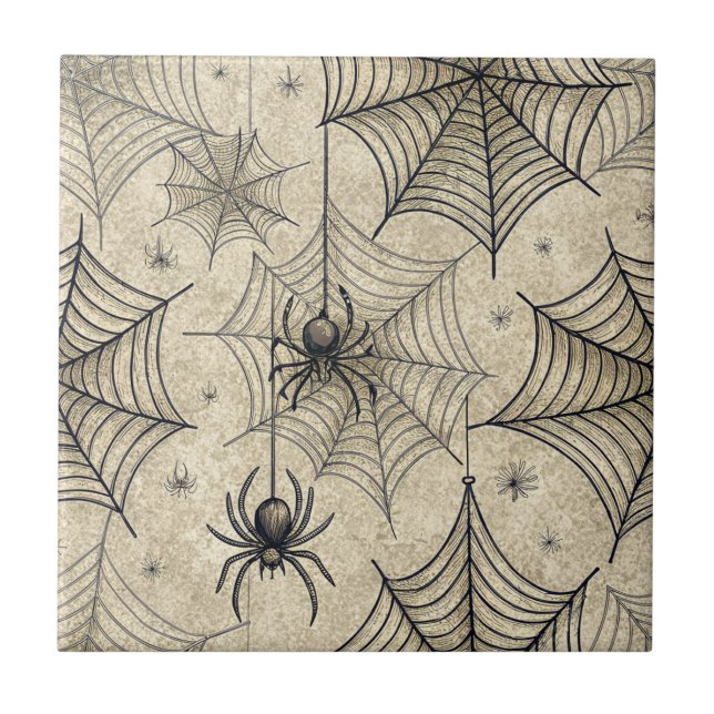 Vintage Spiders and Webs Halloween Pattern Ceramic Tile (Front)
