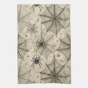 Vintage Spiders and Webs Halloween Pattern Tea Towel