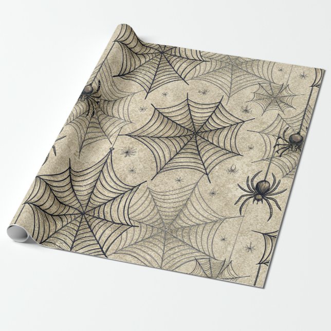 Vintage Spiders and Webs Halloween Pattern Wrapping Paper (Unrolled)