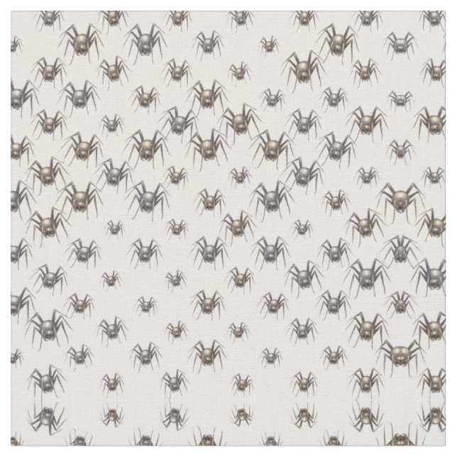 Vintage Spiders Creepy White Grey Funny Pattern Fabric (Close Up)