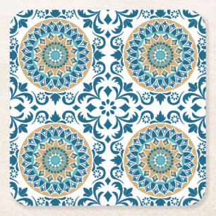 Vintage Spiral Tile Pattern Square Paper Coaster