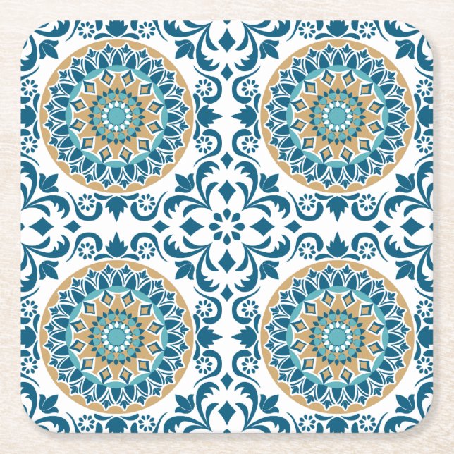Vintage Spiral Tile Pattern Square Paper Coaster (Front)