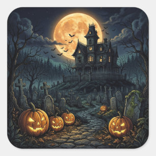 Vintage Spooky Halloween Haunted House & Pumpkin Square Sticker