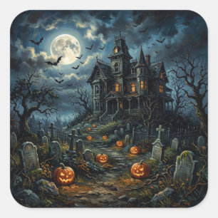 Vintage Spooky Halloween Haunted House & Pumpkin Square Sticker