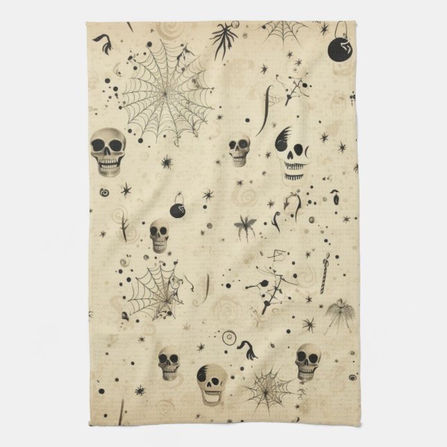 Vintage Spooky Halloween Seamless Pattern Tea Towel (Vertical)