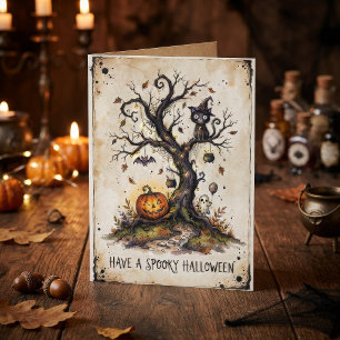 Vintage Spooky Halloween Tree Card