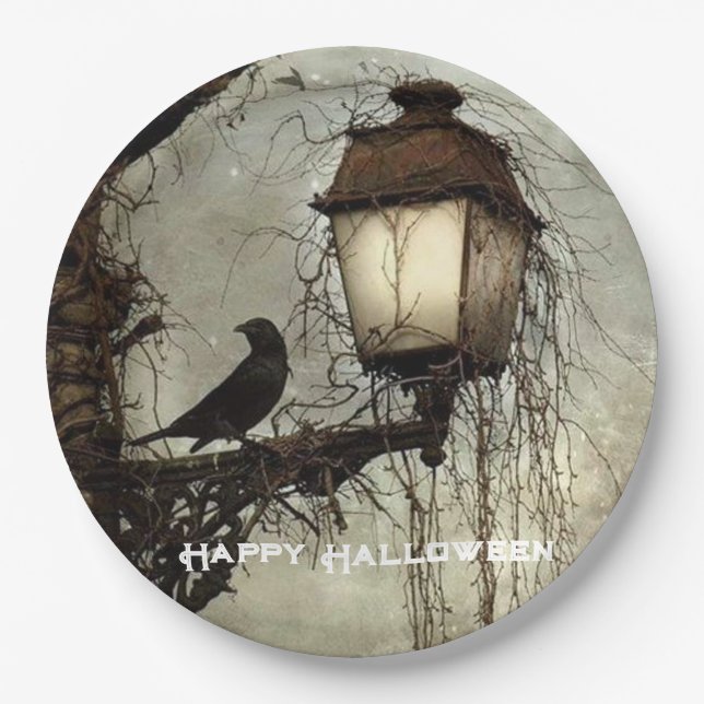 Vintage Spooky Raven on Lantern Halloween  Paper Plate (Front)