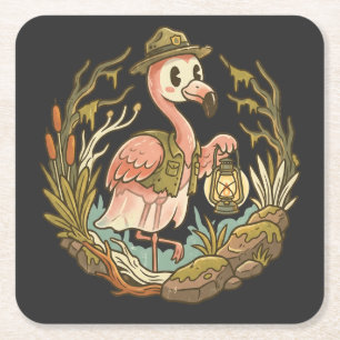 Vintage Spooky Swamp Flamingo Design Square Paper Coaster