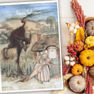 Vintage Spooky Witch and Black Cat Arthur Rackham Card