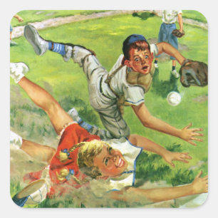 Vintage Sports Baseball, Children Teams Playing Square Sticker