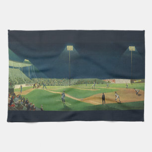 Vintage Sports, Baseball Game at Night Tea Towel