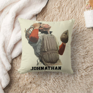 Vintage Sports Baseball Player, Catcher Look Up Cushion