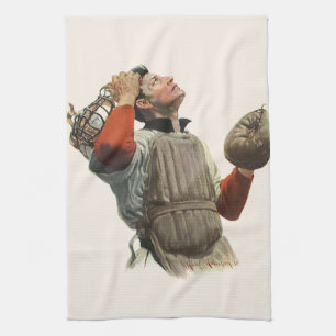 Vintage Sports Baseball Player, Catcher Look Up Tea Towel