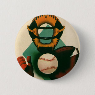 Vintage Sports Baseball Player, Catcher with Mitt 6 Cm Round Badge