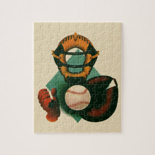 Vintage Sports Baseball Player, Catcher with Mitt Jigsaw Puzzle
