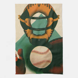 Vintage Sports Baseball Player, Catcher with Mitt Tea Towel