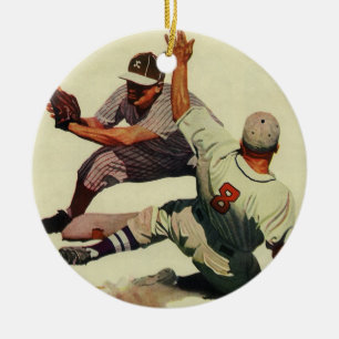 Vintage Sports Baseball, Player Sliding into Home Ceramic Ornament