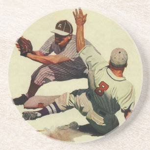 Vintage Sports Baseball, Player Sliding into Home Coaster