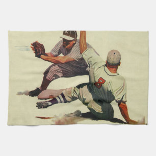 Vintage Sports Baseball, Player Sliding into Home Tea Towel