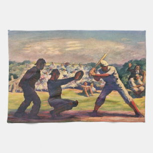 Vintage Sports Baseball Players in a Game Tea Towel