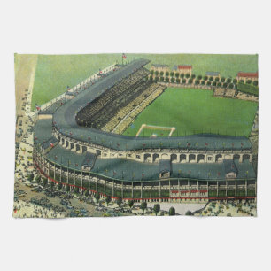 Vintage Sports Baseball Stadium, Aerial View Tea Towel