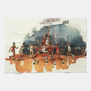 Vintage Sports Basketball Game, Basketball Players Tea Towel