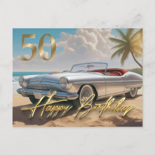 Vintage Sports car on a tropical beach Happy 50th Postcard