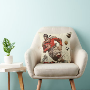 Vintage Sports Football Player and Bulldog Mascot Cushion