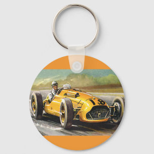 Vintage Sports Racing, Yellow Race Car Racer Key Ring