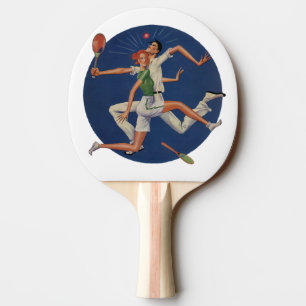Vintage Sports, Tennis Players Crash with Rackets Ping Pong Paddle