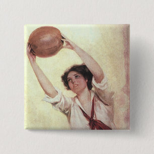 Vintage Sports, Woman Basketball Player with Ball 15 Cm Square Badge