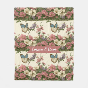 Vintage Spring Butterfly Floral Garden for Couple Fleece Blanket