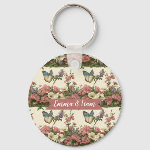 Vintage Spring Butterfly Floral Garden for Couple Key Ring